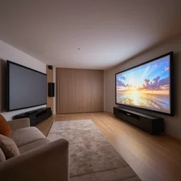home theater interior design, Greg Rutkowski, trending on Artstation, 8K, ultra wide angle, pincushion lens effect.