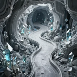 an epic elite masterpiece mysterious sci - fi matte painting of an impossible winding path through underground dream worlds with surreal crystal gem structures inspired by heironymous bosch's garden of earthly delights, surreal cave subterranean landscapes by asher durand and cyril rolando and natalie shau, insanely detailed and intricate, elegant, creative