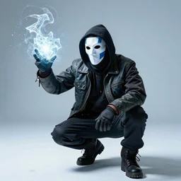 kodachrome photo, homeless sub zero from mortal kombat in a mask doing magic tricks with ice and light, by bruce gilden, on a parking lot, overexposed, harsh flash, grainy, kodachrome, magnum photos