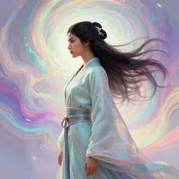 side profile, maya ali, wind sorcerer mage, dota, robes, elegant, highly detailed, concept art, smooth, psychedelic, colorful swirly magic ripples, pastel colors, by huang guangjian, sachin teng, greg rutkowski, jesper ejsing, ilya kuvshinov, artgerm, mucha
