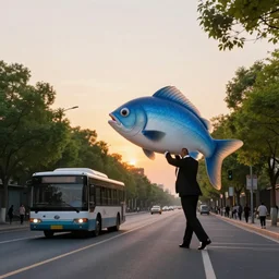 street with a bus, trees and people and huge, walking fish wearing a tuxedo, late afternoon, sunset, dream scape