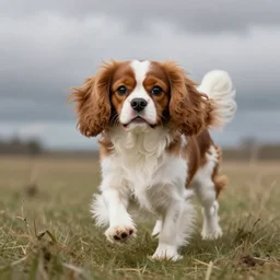 portrait of a cavalier king charles spaniel, cute, fluffy, playing in a winter meadow, grey clouds, art by artgerm