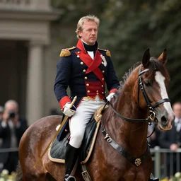geert wilders in a napoleon outfit holding a sabre and riding a horse