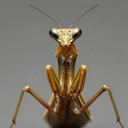 frontview of a gold black striped praying big eyed praying mantis head face opf praying mantis with big eyes mantis with big eyes and arms, high detail, fine lines, hyperrealistic, futuristic, sci fi, steampunk, realistic