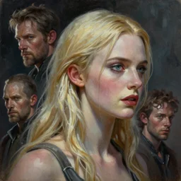 insanely detailed head and shoulders oil on canvas masterpiece. artstation. by frank frazetta!!!, wlop, ilya kuvshinov, krenz cushart, greg rutkowski, pixiv. zbrush sculpt, octane, maya, houdini, vfx. elle fanning! in prey!. cinematic dramatic atmosphere, sharp focus, volumetric lighting.