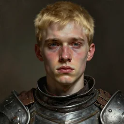 portrait painting of a mildly sun - kissed complexion young melancholic man with a soft face and short blonde hair wearing armor, ultra realistic, concept art, intricate details, eerie, highly detailed, pursed lips, sad expression, photorealistic, octane render, 8 k, unreal engine. art by artgerm and greg rutkowski and charlie bowater and magali villeneuve and alphonse mucha