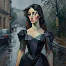 portrait painting of a woman on a rainy day in real life, cubism, elegant, highly detailed, digital painting, artstation, concept art, cinematic lighting, illustration, art by picasso