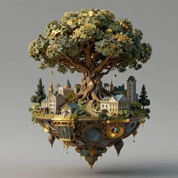 a small town of floating islands nestled in the hollow of a tree, tree of life, studio lighting, golden ratio, details, scifi, dark fantasy, intricate, decadent, ornate, highly detailed, digital painting, octane render, ray tracing reflections, 8 k, artstation, concept art, smooth, sharp focus, illustration, art by claude monet and vincent van gogh