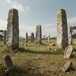 beautiful abandoned landscape with monoliths and artifacts, concept art, highly detailed photograph