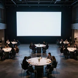 concept, venue in meta space, people siting on many round tables, large screen on the wall, artstation