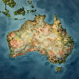 australia with lots of water, map, hd, painting