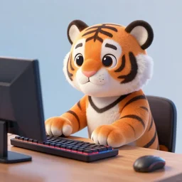 adorable tiger playing a computer game