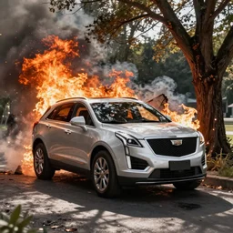 Cadillac XT5 bursting into flames after crashing into a tree