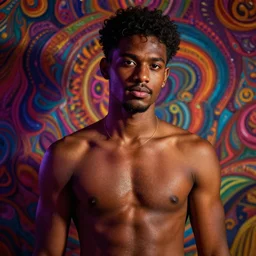 colorful and festive captivating hot handsome shirtless guy with dark skin. rich vivid colors, ambient lighting, dynamic lighting, 4 k, atmospheric lighting, painted, intricate, highly detailed by charlie bowater