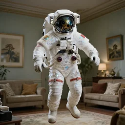a single astronaut eva suit constructed of diamond 3d fractal lace iridescent bubble 3d skin and covered with insectoid compound eye camera lenses floats through the living room, film still from the movie directed by Denis Villeneuve with art direction by Salvador Dalí, wide lens,