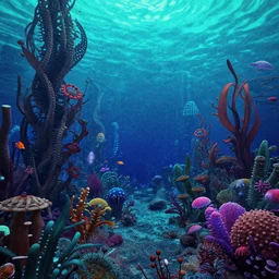 vaporwave 3d Render of deep sea forest, grainy, noisy