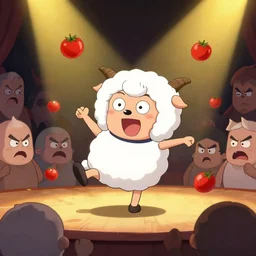 happy cartoon sheep dancing on stage with angry crowd throwing tomatoes, digital painting, harsh lights, fun, silly, garry larson