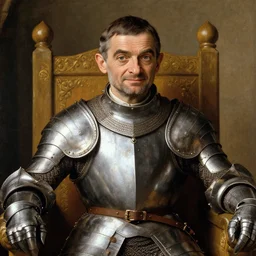 close up of mr bean in medieval armor on a throne, renaissance painting