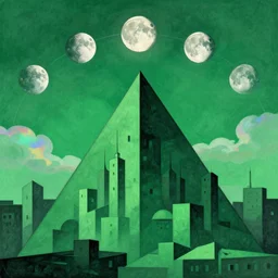 post - minimalism comic abstract cubism portrait of triangle city, top down view, the moon orbiting other moons, iridescent clouds, green vibrant color scheme, highly detailed, in the style of romanticism, cinematic, artstation, moebius, greg rutkowski