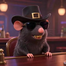 a still of an anthropomorphic gangster rat, wearing sunglasses and a mafia-style hat, with gold teeth, long fur, sitting at a bar in a Disney Pixar movie, 35mm f2.8, 4k, artstation, PBR materials, Pixar renderman render