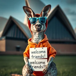 a high quality closeup macro portrait photo of a kangaroo wearing an orange hoodie and blue sunglasses standing on the grass in front of the sydney opera house holding a sign on the chest that says welcome friends!, extremly detailed, cinematic, artstation