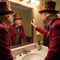 ultra wide angle photo of donald trump dressed as willy wonka, from willy wonka and the chocolate factory, looking at himself in a bathroom mirror and seeing his reflection as an oompa loompa version of himself