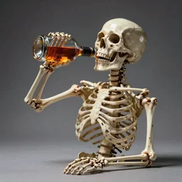 studio photography of skeleton drinking from a whiskey bottle on grey background