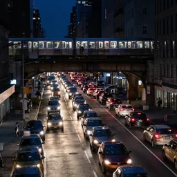 busy nyc street with dense traffic, metro train on bridge over street at night, professional photo, still photo, low exposure time, no movement