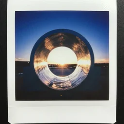 a beautiful polaroid of a time portal at sunset showing a bright blue sky
