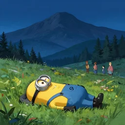 a minion napping in a field behind a beautiful mountain landscape, night setting. realistic shaded lighting poster by ilya kuvshinov katsuhiro, magali villeneuve, artgerm, jeremy lipkin and michael garmash, rob rey and kentaro miura style, trending on art station