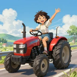 an epic fantasy comic book style portrait painting of a young girl driving a tractor down the highway, happy, awesome pose, character design by mark ryden and pixar and hayao miyazaki, unreal 5, daz, hyperrealistic, octane render, cosplay, rpg portrait, dynamic lighting, intricate detail, summer vibrancy, cinematic