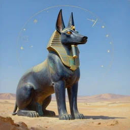 beautiful landscape oil matte painting, of ancient egypt giant satue of anubis, astrology celestial symbolism, by artgerm, cushart krenz, greg rutkowski, mucha. art nouveau. gloomhaven, swirly vibrant ripples, gaudy colors, sharp edges. ultra clear detailed. 8 k. elegant, intricate, octane render