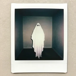 polaroid photo of tall ghost in empty liminal backroom
