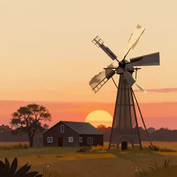 a farm with a windmill at sunset, illustration by brian taylor