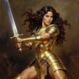 A Frank Frazetta oil painting of a beautiful muscular Salma Hayek wearing gold armor holding a large steel sword , dynamic shot , HD 4k , intricate , highly detailed , atmospheric , sharp, uncropped, very coherent ,symmetrical artwork
