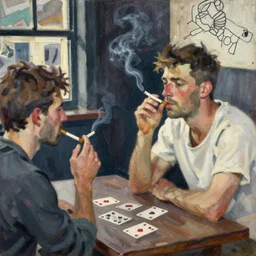 oil painting in the style of john craxton sailors in the shadows of a pub. playing cards. brush marks. strong lighting. holding cigerettes. smoking. bar. seated figure hands on table. strong expressions on faces. cheekbones. aesthetics to ivon hitchins. line drawing on painting,