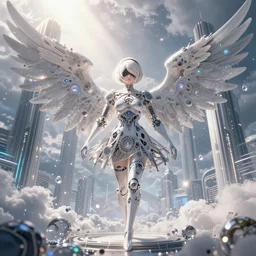 intricately patterened modern automata nier architecture concept angelic limbo, angel sparkle 3 d water droplet lonely world still shining through faintly rainbow led lights, beautiful surreal scenery artwork pixiv. gigantic architectural modern design node network of cloud computing soul dust. unthinkable dream cloud computer infinites. sublime god lighting, sun rays, cold colors. insanely detailed, artstation!! pixiv!! infinitely detailed