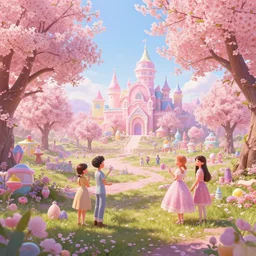 candyland landscape | cherry - blossoms | highly detailed | very intricate | fantasy whimsical magical | soft bright natural morning light | pixar | award - winning | matte painting by anton fadeev and paul lehr and rhads and alena aenami | pastel color palette | featured on artstation