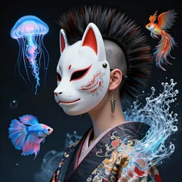 3 d goddess close - up profile portrait punk with mohawk with ram skull. beautiful intricately detailed japanese crow kitsune mask and clasical japanese kimono. betta fish, jellyfish phoenix, bio luminescent, plasma, ice, water, wind, creature, artwork by tooth wu and wlop and beeple and greg rutkowski
