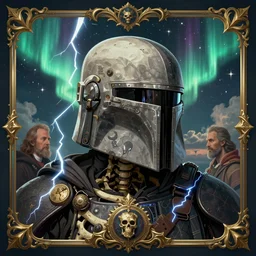 a detailed profile illustration of skelleton, cinematic sci-fi poster, bounty hunter portrait symmetrical and science fiction theme with lightning, aurora lighting clouds and stars by beksinski carl spitzweg and tuomas korpi. baroque elements. baroque element. intricate artwork by moebius. Trending on artstation. 8k
