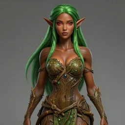 beautiful wood elf, female, green hair, brown skin, red eyes, ornamental dress made of branches, high fantasy, extremely detailed, smooth, sharp focus, digital illustration, by rossdraws, wlop, artgerm, masterpiece