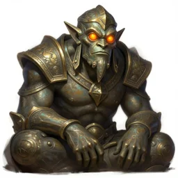 a highly detailed illustration of worn down colossal bronze giant, with TWO big orange glowing iron giant eyes, gentle calm doting pose, intricate, elegant, highly detailed, centered, digital painting, artstation, concept art, smooth, sharp focus, league of legends concept art, WLOP