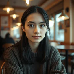 a photograph of a nerdy young woman wearing a sweater, sitting in a cozy cafe, black hair, dof, sharp focus, highly detailed face, symmetric face, realistic iris, cinestill 8 0 0 t, photography by paolo roversi
