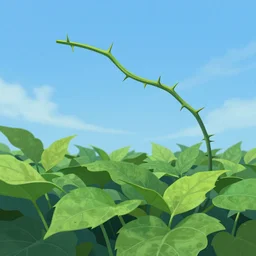 a green abstract thorny thorn vine with long spikes flies through the blue summer sky over a field of broad leaves, trending on artstation, digital art ( by joseph meehan ) ( by victor adame ) ( by anna steinbauer )