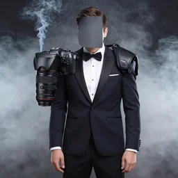 Man wearing classy tuxedo inside cloud of smoke, Canon EOS R3, details, f/1.4, ISO 200, 1/160s, 8K, RAW, unedited