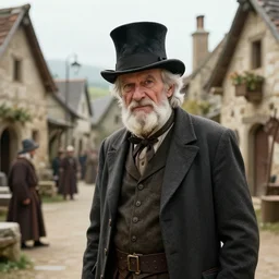 an old man wearing a suit and top hat in a medieval village, D&D, high detail, trending on artstation, 4k photorealistic, volumetric lighting, HD