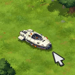 a small spaceship that needs repaired, on a grass field, from a point and click 2 d graphic adventure game, set design inspired slightly by tomb raider, art inspired by [ [ [ [ thomas kinkade ] ] ] ] and mark keathley