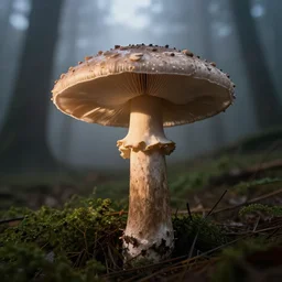 a professional detailed photo of a mushroom in a dark foggy forest, backlighted, dramatic lighting