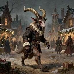 Victorian Krampus horned satyr figure walking through a fantasy Victorian christmas village, art by arthur rackham, photorealistic, dark fantasy, book illustration style, 19th Century, 8K