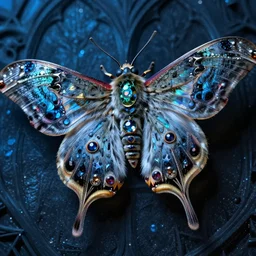 high quality macro photo gothic furry iridescent moth! jewelled gorgeous! highly detailed david ligare elson peter cinematic blue neon lighting high quality low angle hd 8k sharp shallow depth of field